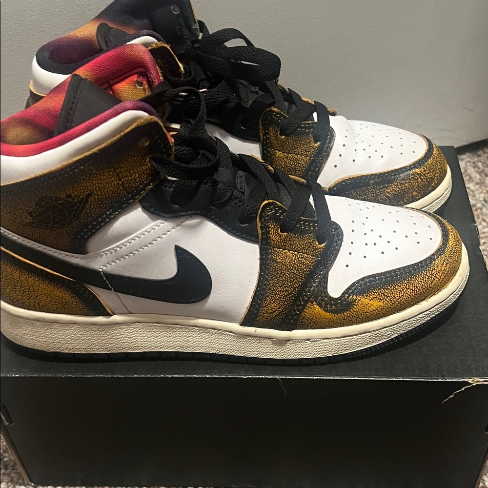 Nike Air Jordan 1 Mid Metallic Gold and White Sneakers